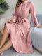 Bea | Elegant women's dress with a stand-up collar, long sleeves and a pleated skirt