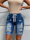 Demi | Casual denim Bermuda shorts with a ripped waist and drawstring