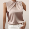 Women's Sleeveless Satin Top – Cross Neckline with Keyhole Detail