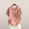 Women's Linen Blouse - Asymmetrical Button Closure - Short Sleeves