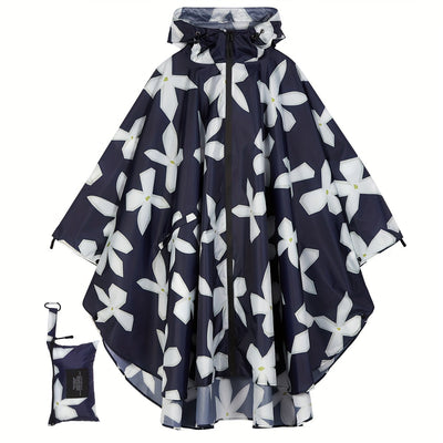 Fleur | Waterproof floral print rain poncho with hood and zip pocket