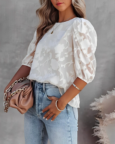 Dames Blouse – Semi Transparant Design met Puff Mouwen en Bloemenreliëf