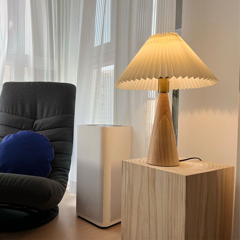 Zenori – Minimalist Wooden LED Table Lamp Pleated Fabric