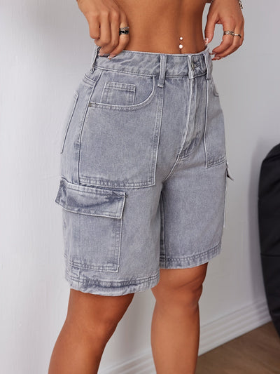 Eva | Fashionable gray denim cargo shorts with a high waist