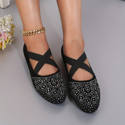Elise | Rhinestone decor ballet flats with elastic cross strap