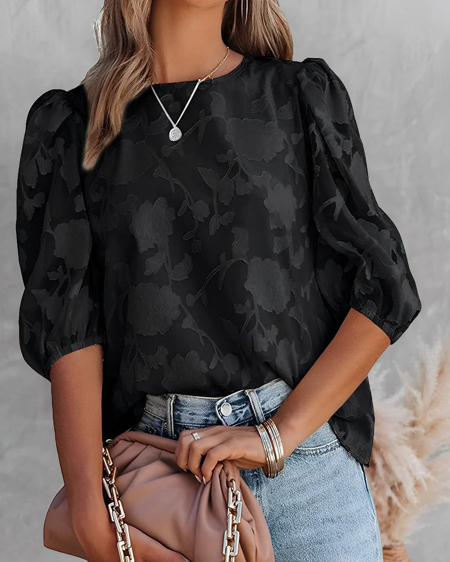 Dames Blouse – Semi Transparant Design met Puff Mouwen en Bloemenreliëf