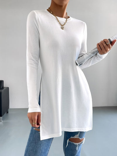 Nina | Stijlvol effen kleur t-shirt met lange mouw en zijsplit