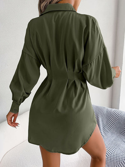 Lara | Casual overhemdjurk met geplooide taille en lantaarnmouwen