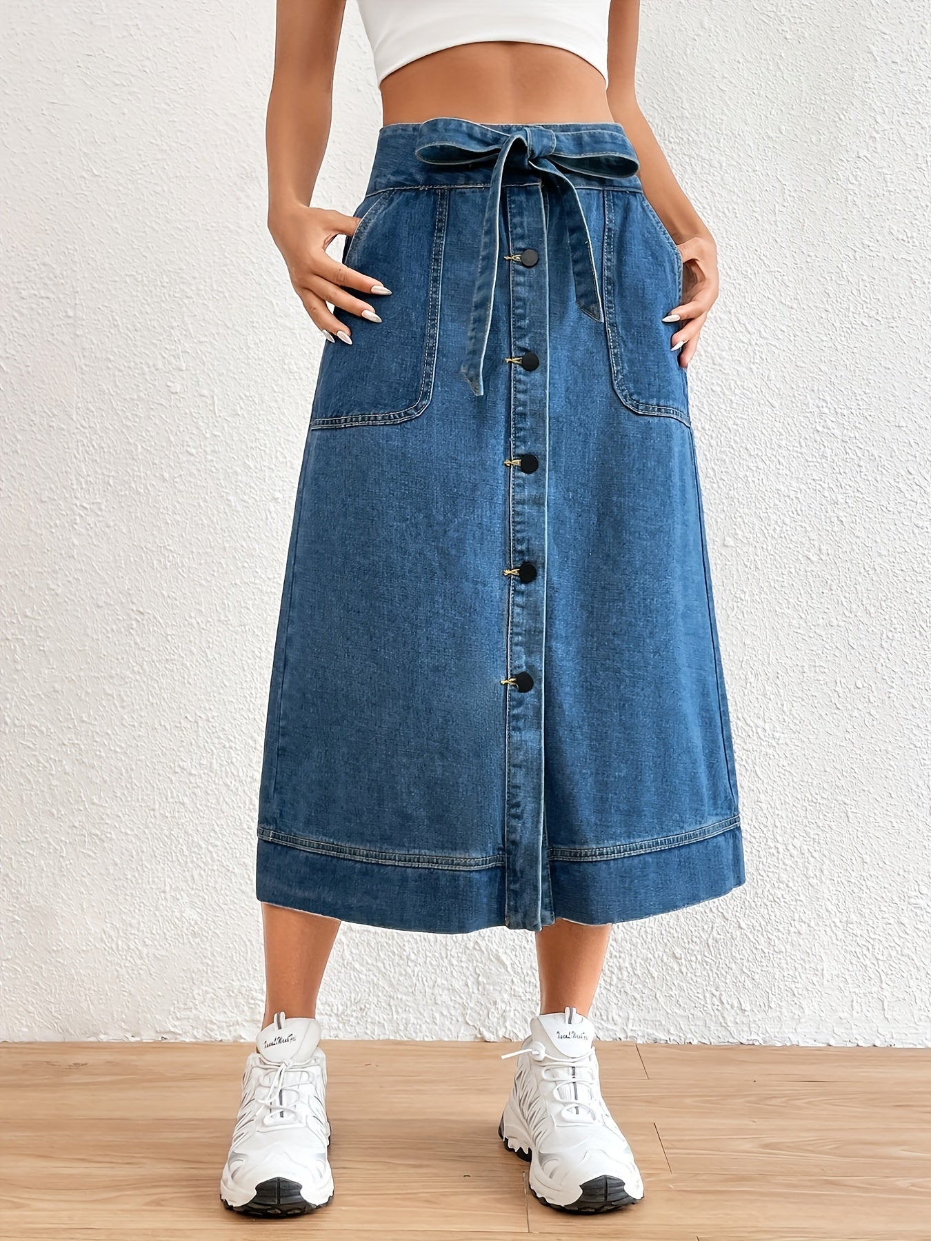 Anna | Effen denim midi rok met strikceintuur