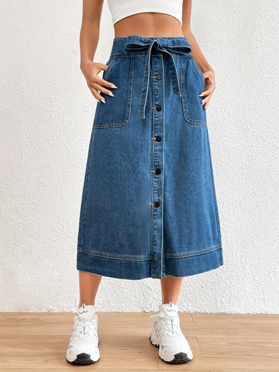 Anna | Effen denim midi rok met strikceintuur