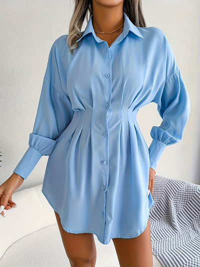 Lara | Casual overhemdjurk met geplooide taille en lantaarnmouwen