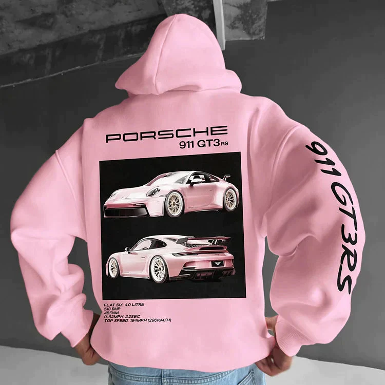 Hoodie with sports car print – Back design with typography and sleeve print 
