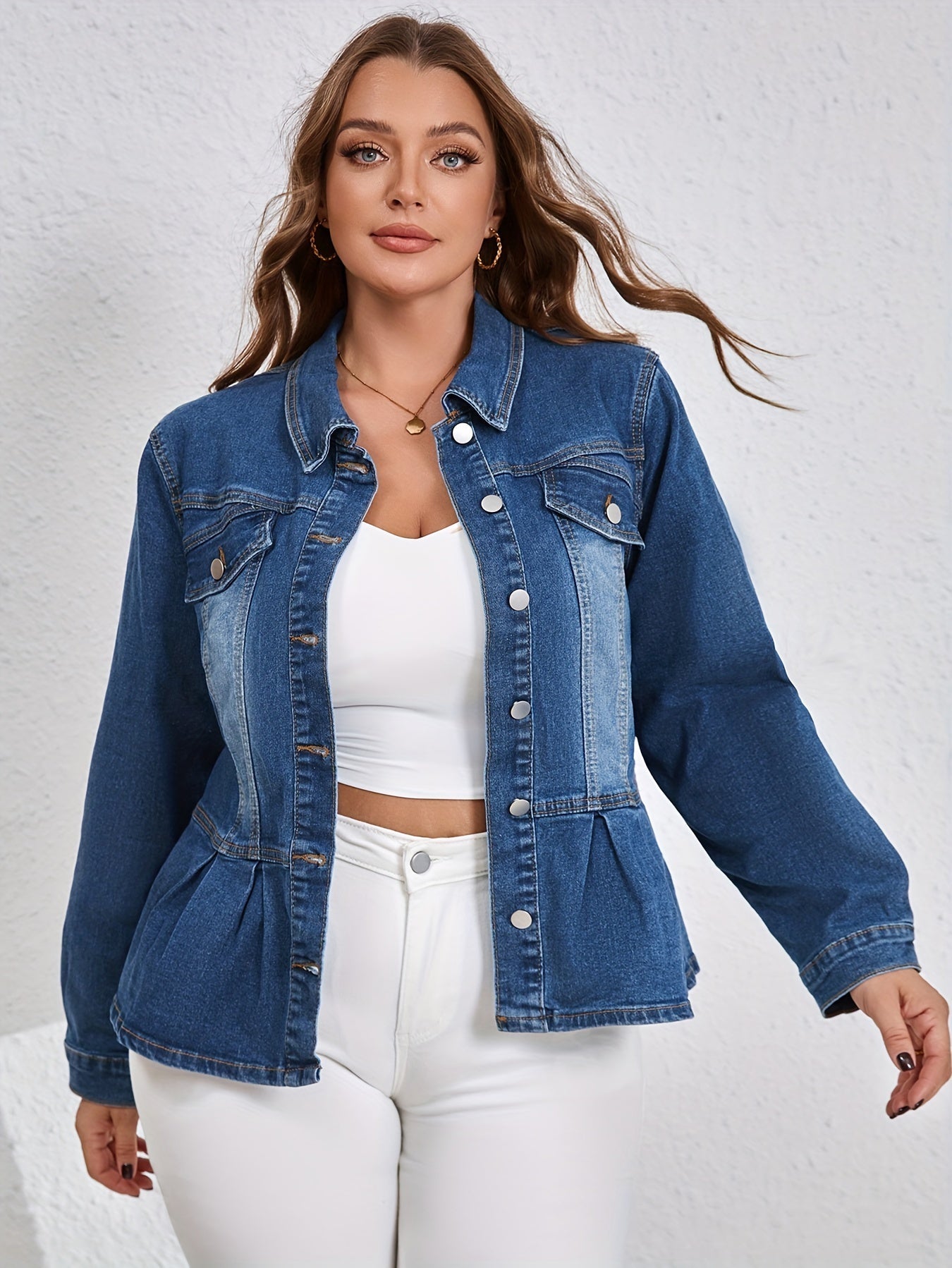 Lotte | Plus-size denim jacket with ruffles and long sleeves in washed blue