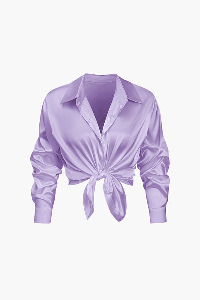 Lillian - Basic Plain Satin Women's Long Sleeve Shirt