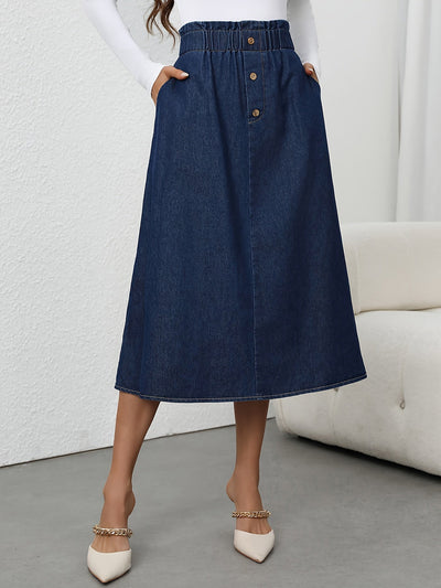 Fleur | High-waisted denim A-line midi skirt with button closure