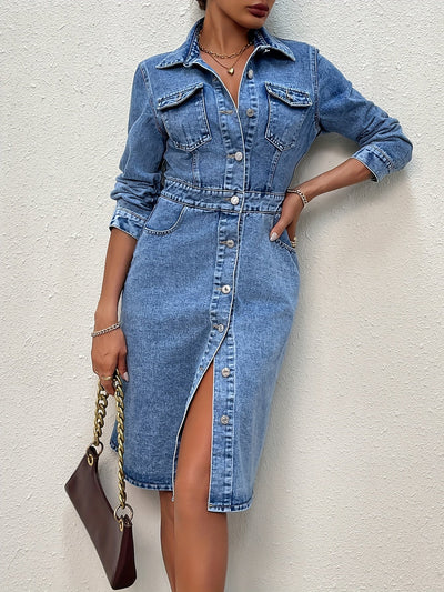 Sophie | Eenvoudige blauwe denim jurk met lange mouwen