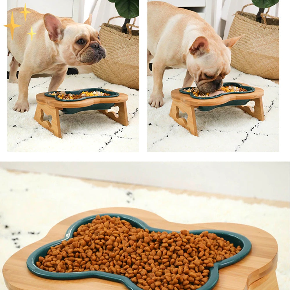 Ceramic Dog Food Bowl with Wooden Stand - BoneFeast