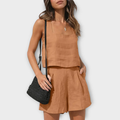 Tweedelig Dames Set – Mouwloos Topje en Losse Short van Linnenmix