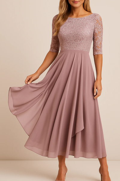 Midi Jurk met Kant en Zwierige Rok – Elegante Gelegenheidsjurk