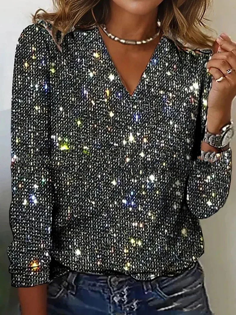 Glitter Top Women with Long Sleeves – V-Neck Festive Sequin Blouse