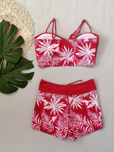 Noa | Twee-delige bikini set met bladprint en boyshorts
