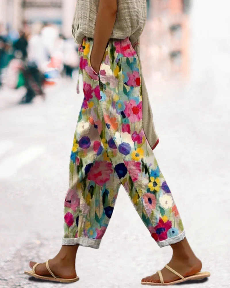 Dames linnen broek – Relaxte pasvorm met kleurrijk bloemenpatroon