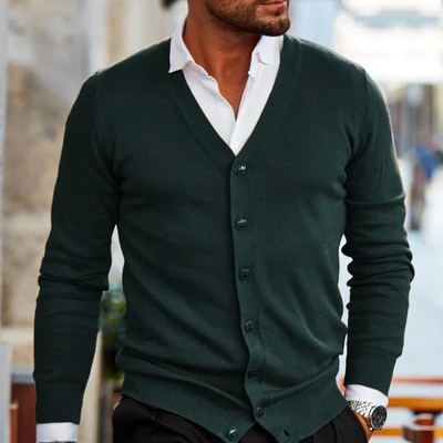 Men's cardigan with button closure – Finely knitted model with V-neck