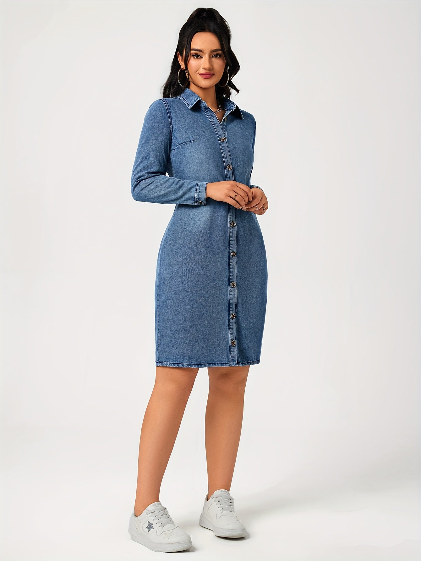 Sophie | Eenvoudige blauwe denim jurk met lange mouw