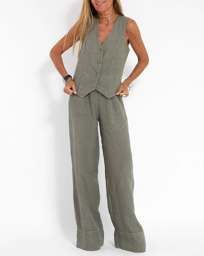 GRACEY | Elegant linen cardigan and wide-leg pants set