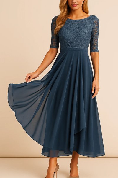 Midi Jurk met Kant en Zwierige Rok – Elegante Gelegenheidsjurk