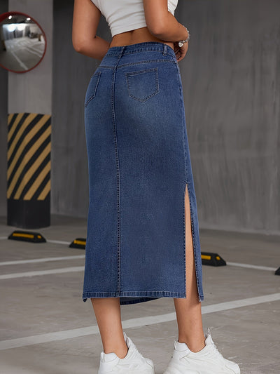 Nina | Blauwe denim midi-rok met hoge taille en schuine zakken