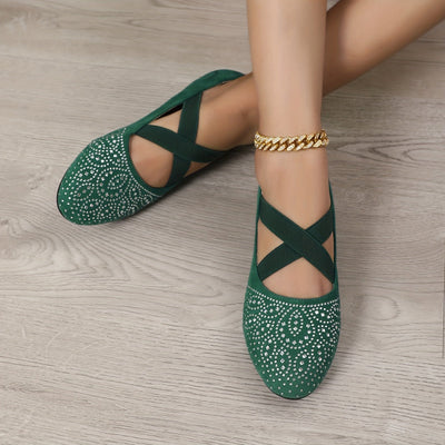 Elise | Rhinestone decor ballet flats with elastic cross strap