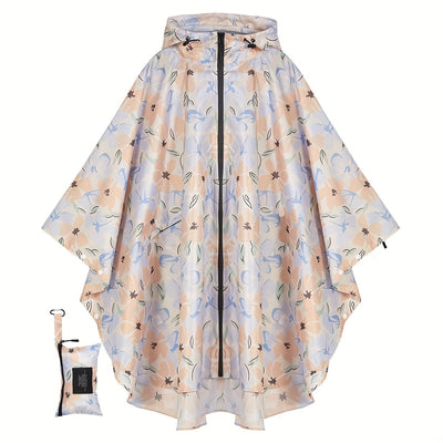 Fleur | Waterproof floral print rain poncho with hood and zip pocket