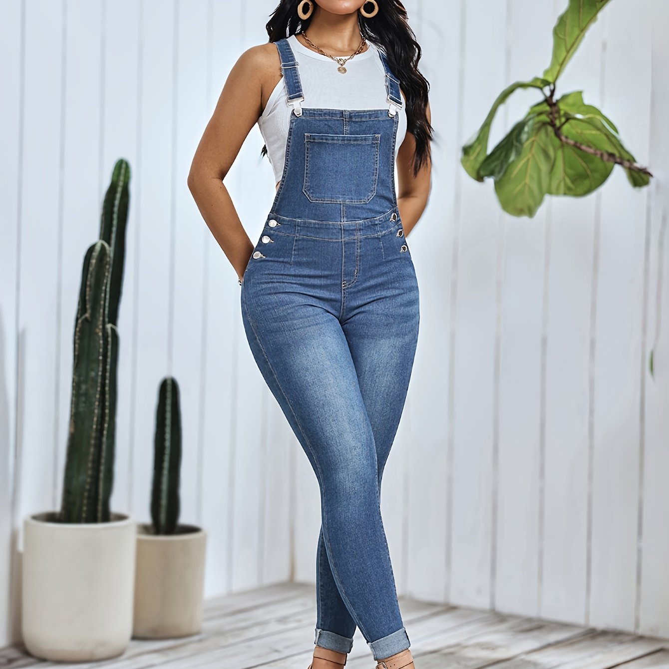 Emma | Women's skinny fit denim overalls in mid-blue washed