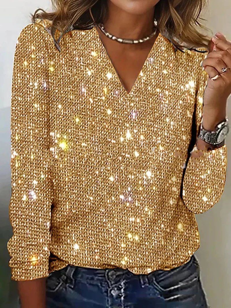 Glitter Top Women with Long Sleeves – V-Neck Festive Sequin Blouse