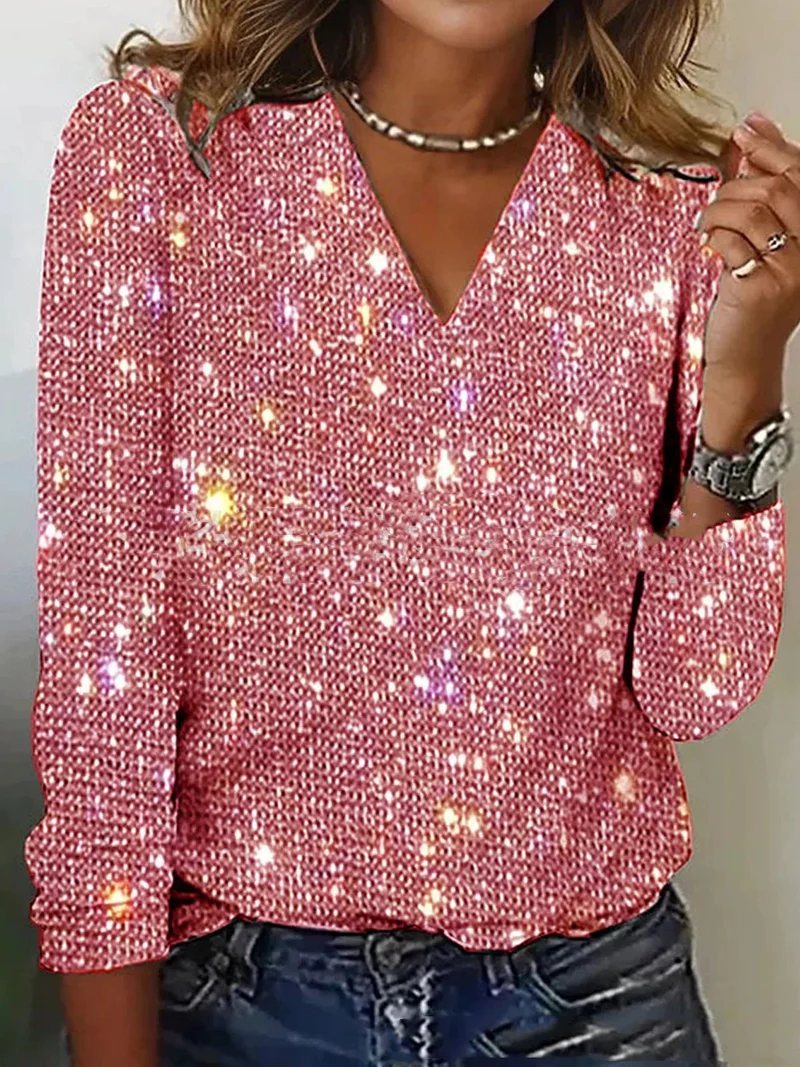 Glitter Top Women with Long Sleeves – V-Neck Festive Sequin Blouse