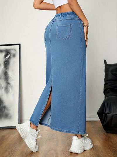 Anna | Gewassen blauwe casual maxi denim rok met elastische taille en split achterzoom