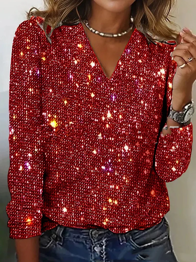 Glitter Top Women with Long Sleeves – V-Neck Festive Sequin Blouse