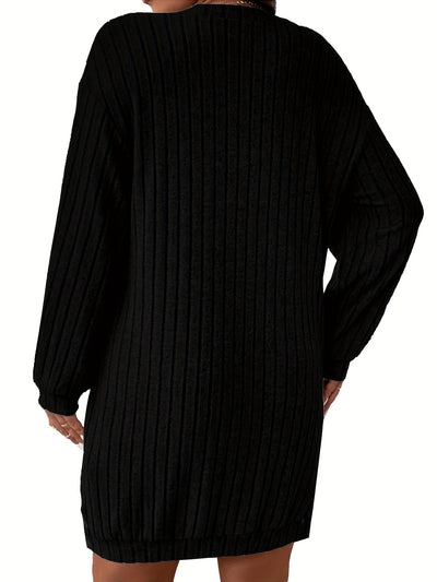 Elise | Casual plus size geribbelde trui-jurk met lange mouw en V-hals