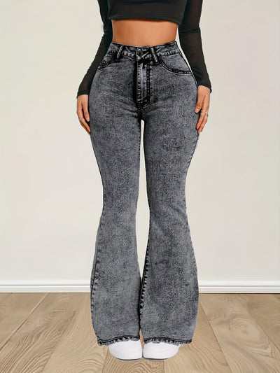 Elin | Gray stretch denim flare jeans with a high waist and button closure