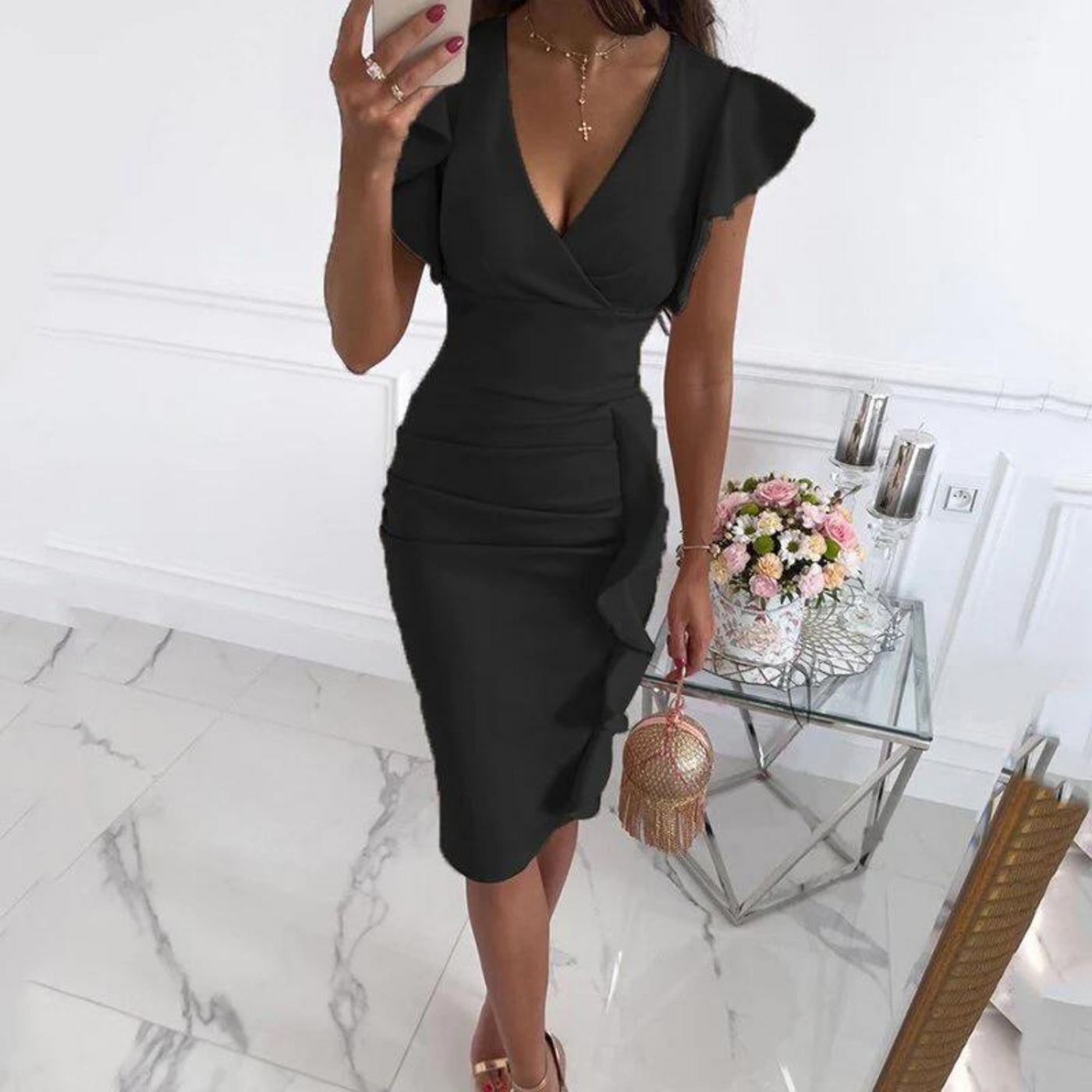 Denisse - elegante jurk met gerimpelde mouwen en V-hals