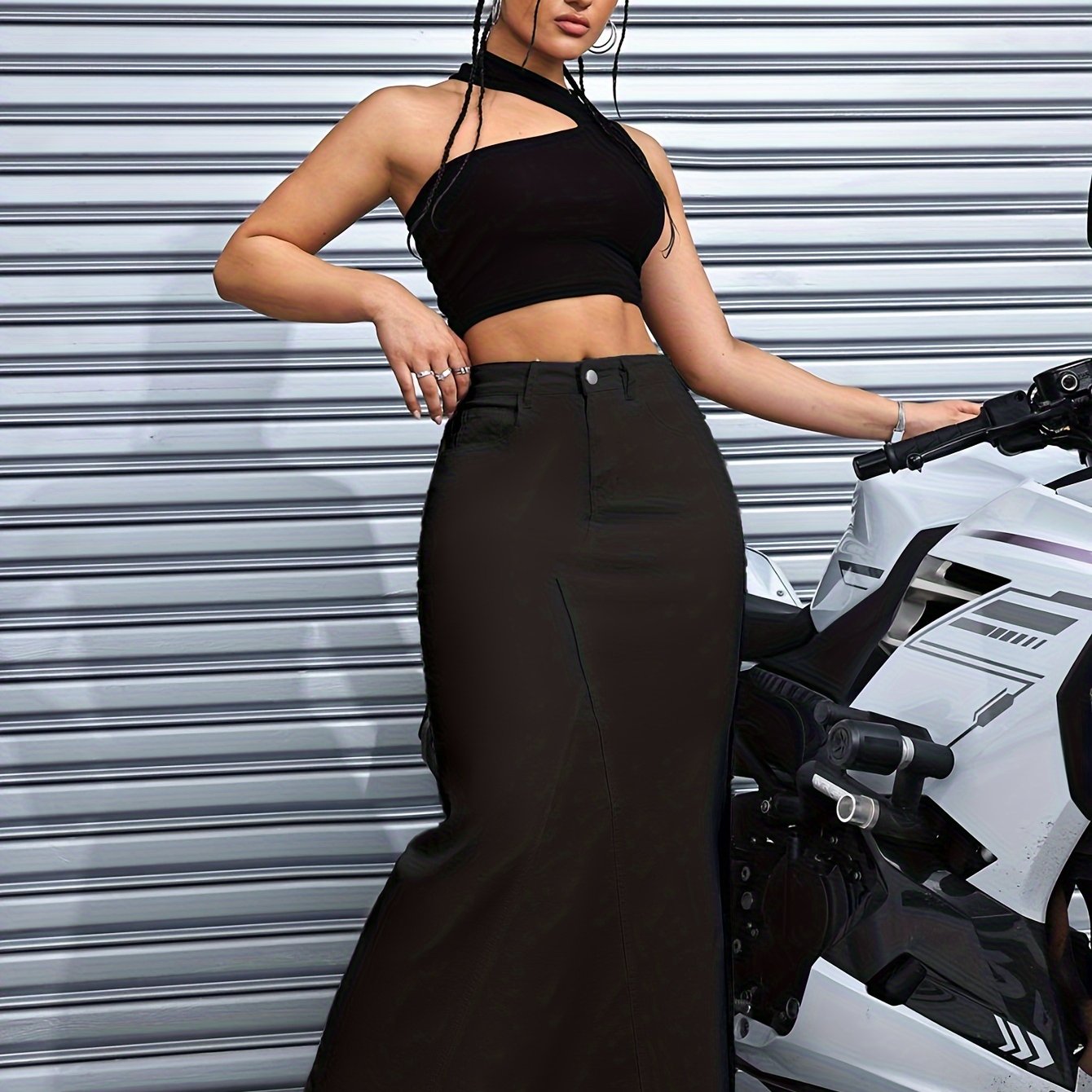 Emma | Black denim maxi skirt with raw hem