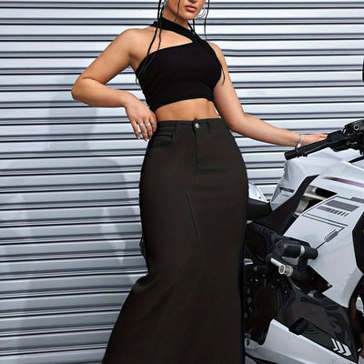 Emma | Black denim maxi skirt with raw hem
