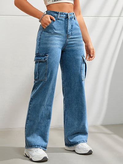 Noa | Casual denim cargobroek met wijde pijpen en hoge taille