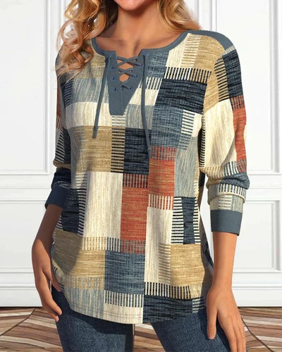 Long Sleeve Patchwork Top Women – V-Neck with Lace-Up Closure and Geometric Design 