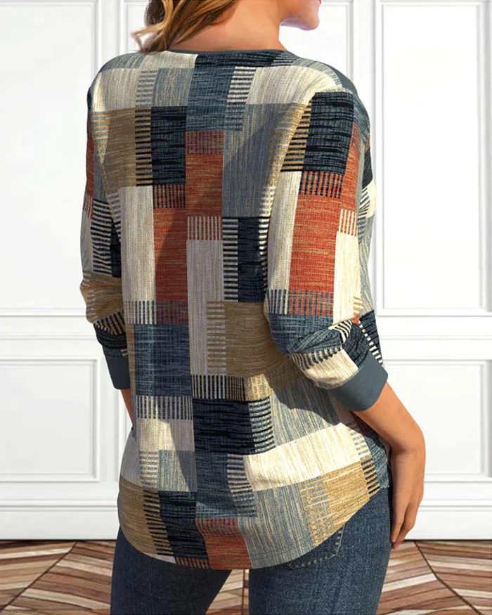 Long Sleeve Patchwork Top Women – V-Neck with Lace-Up Closure and Geometric Design 
