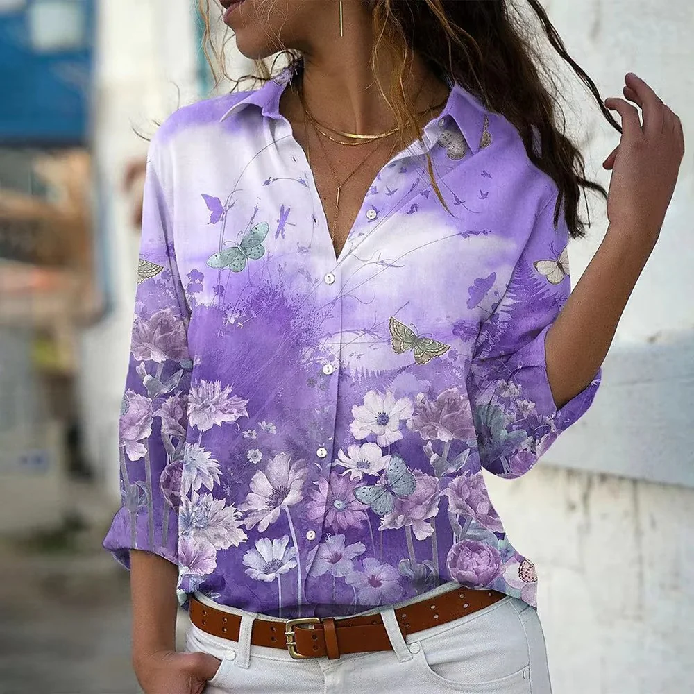 Blouse met Bliksemprint en Bloemenrand – Statement Overhemd met Lange Mouwen