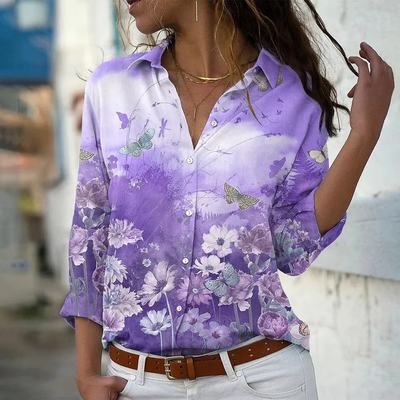 Blouse met Bliksemprint en Bloemenrand – Statement Overhemd met Lange Mouwen