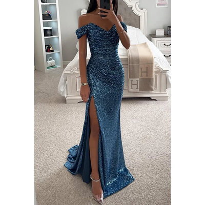 Off Shoulder Maxi Jurk – Pailletten & Hoge Split