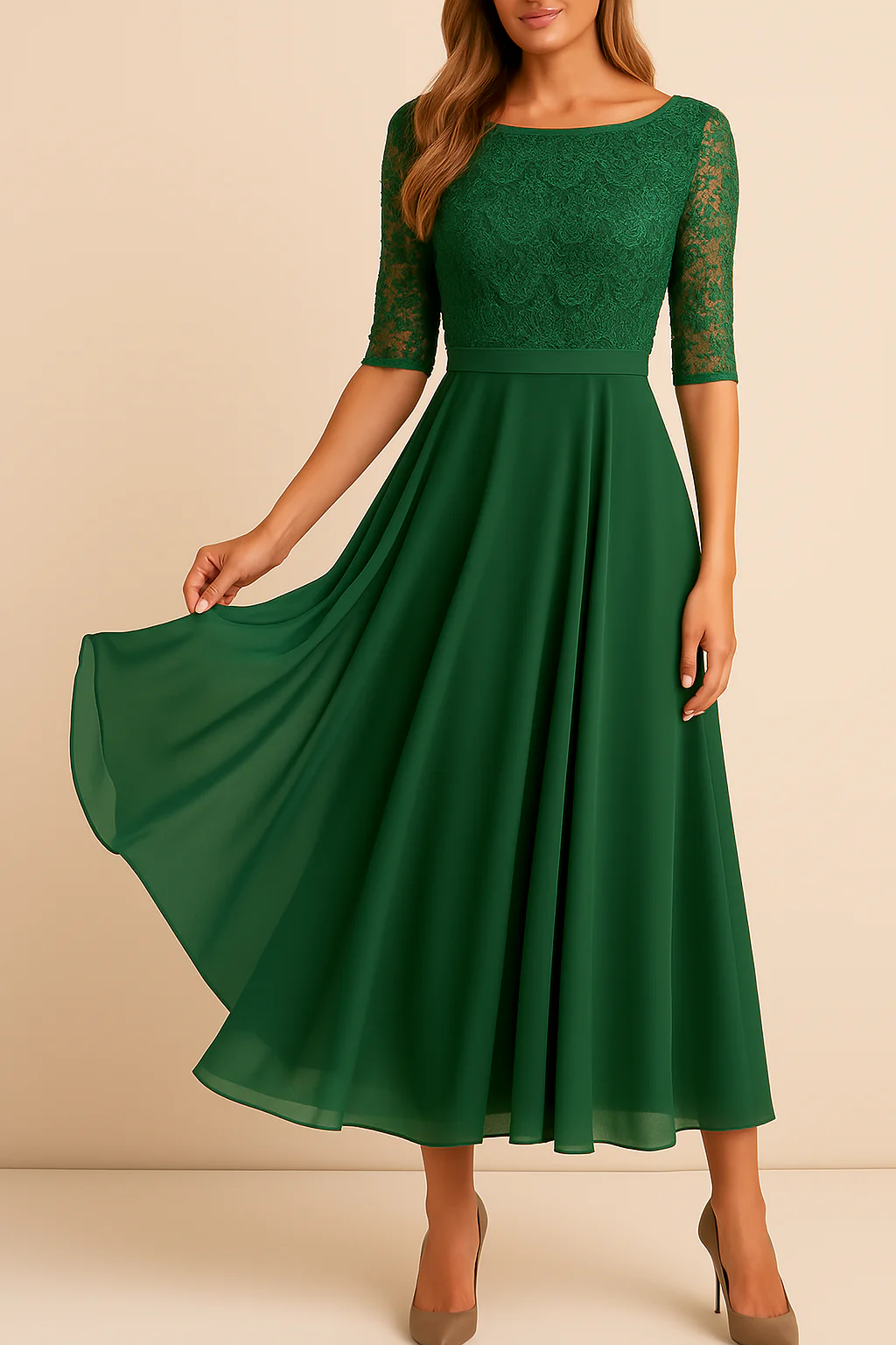Midi Jurk met Kant en Zwierige Rok – Elegante Gelegenheidsjurk